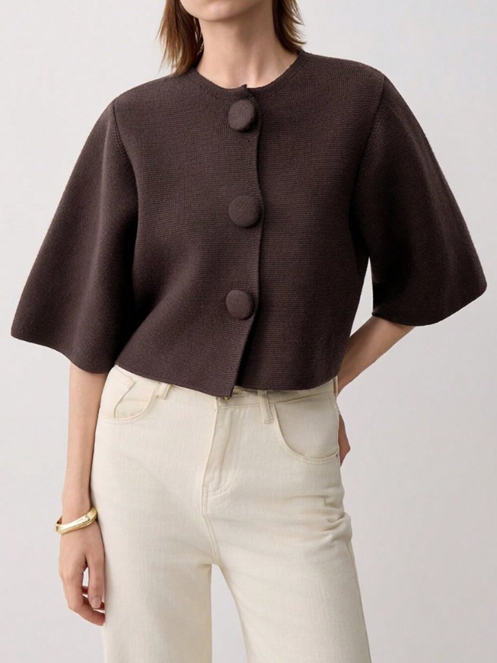 Brown Casual Women's Round Neck Short Button Knit Cardigan - Picture 6 of 6